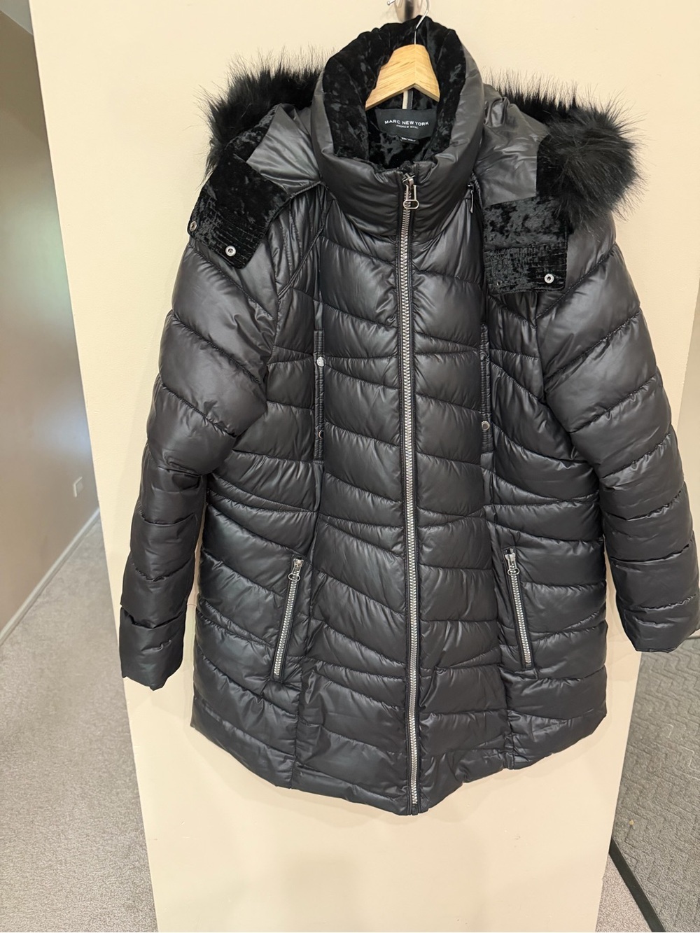Marc New York Andrew Marc Womens Shirley Faux Fur Trim Hooded Parka Black Sz 2X